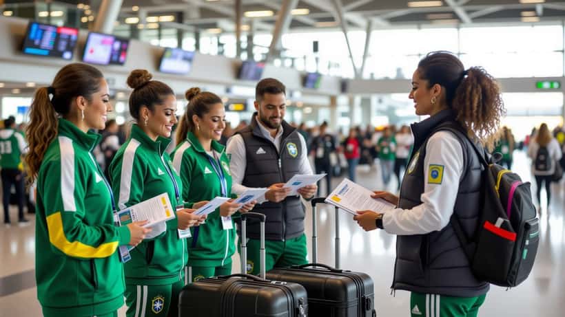 Delegação de futebol feminino com passaportes e documentos em balcão de aeroporto