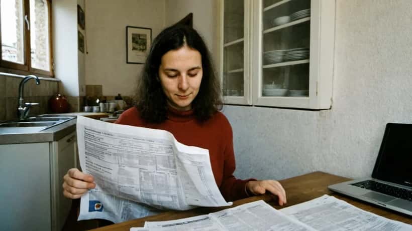 Femme âgée suisse consultant des documents de rente AVS et des billets de francs suisses sur une table