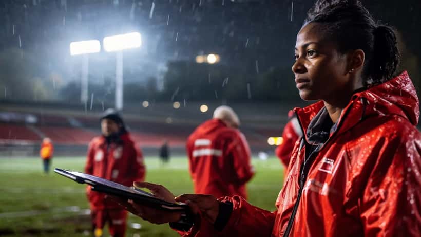 Weibliche Fußballtrainerin gibt taktische Anweisungen auf dem Trainingsgelände in Berlin