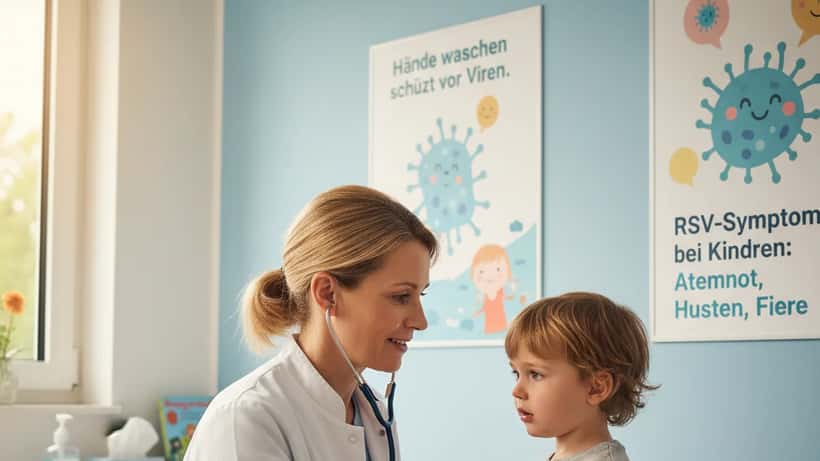 Ärztin untersucht Kind auf RSV in Münchner Kinderarztpraxis, 2026