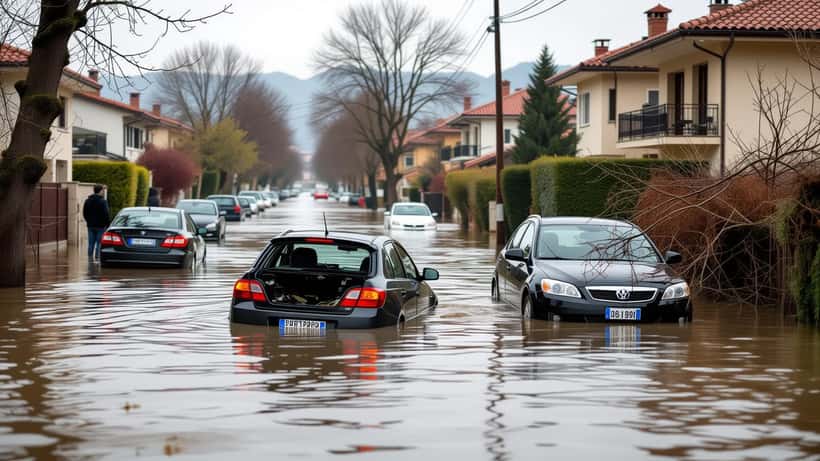 Auto sommersa nell'acqua fangosa in una strada allagata dopo il nubifragio a Ferrara