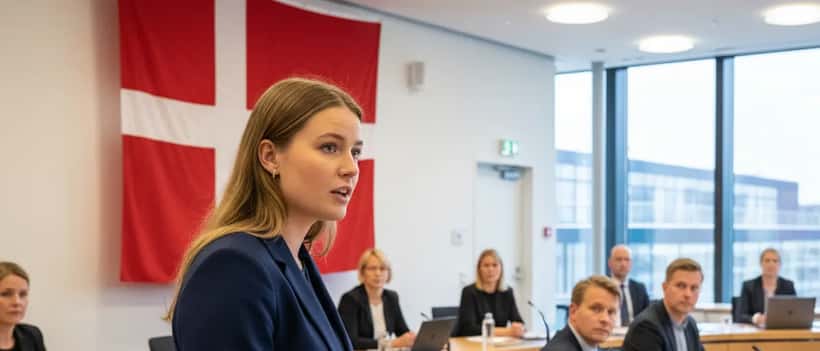 Ung dansk politiker taler i kommunalbestyrelses mødesal med dansk flag i baggrunden