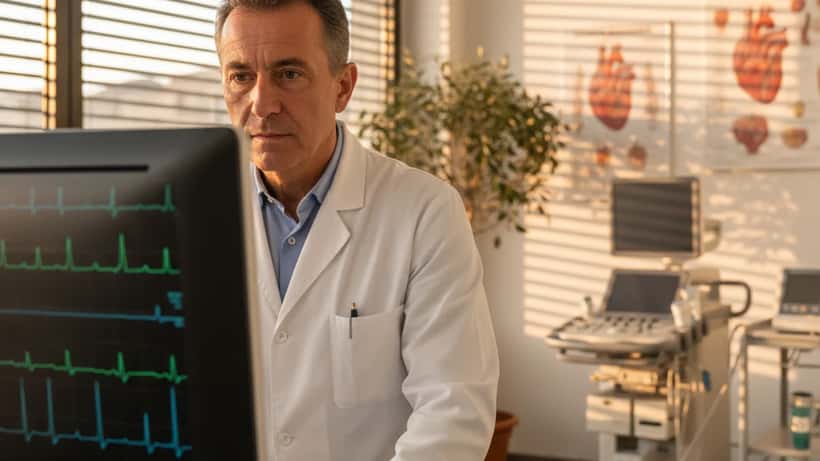 Cardiologo italiano esamina un ECG in una clinica cardiologica moderna