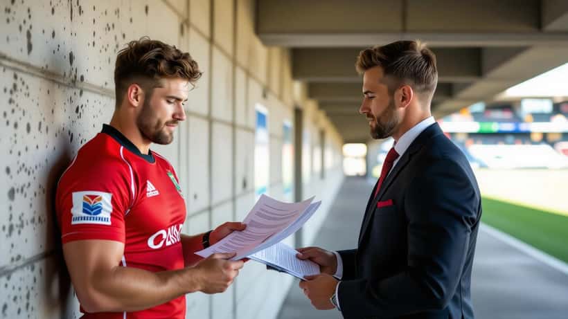 NRL rugby league player reviewing contract documents with a lawyer in a Sydney stadium tunnel