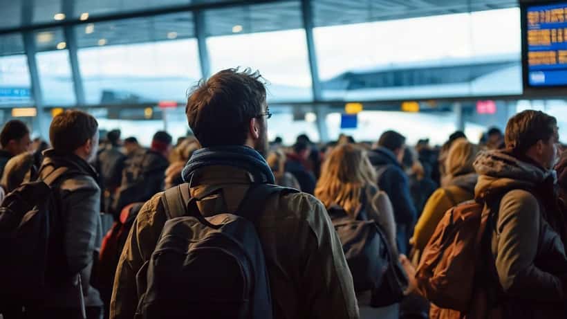 Stranded passengers at a busy Canadian airport departure board showing cancelled and delayed flights