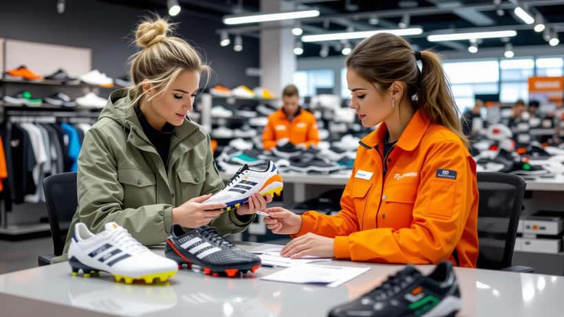 Kvinna reklamerar ett par fotbollsskor med defekt sula vid kundtjänstdisken på en sportbutik i Stockholm