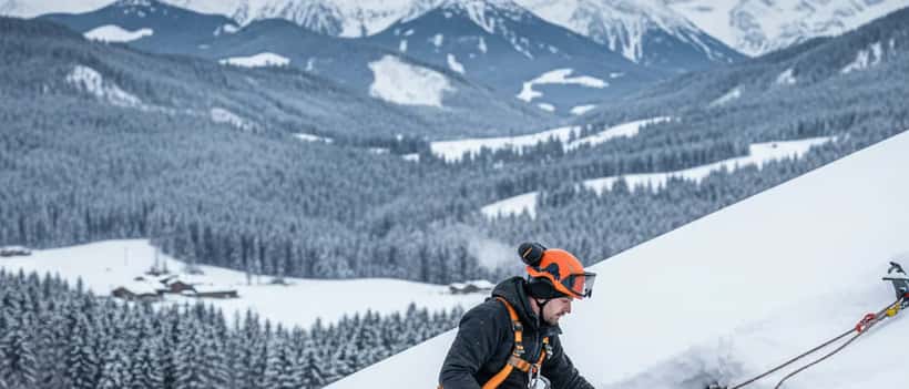 Deutscher Handwerker inspiziert schneebedecktes Hausdach im Wettersturz März 2026