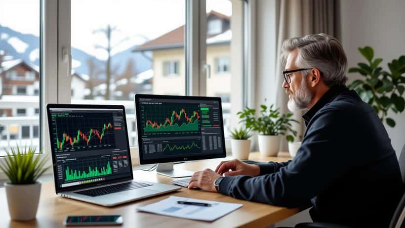 Homme inquiet regardant un tableau de bord d'investissement suspect sur son ordinateur, documents bancaires sur le bureau