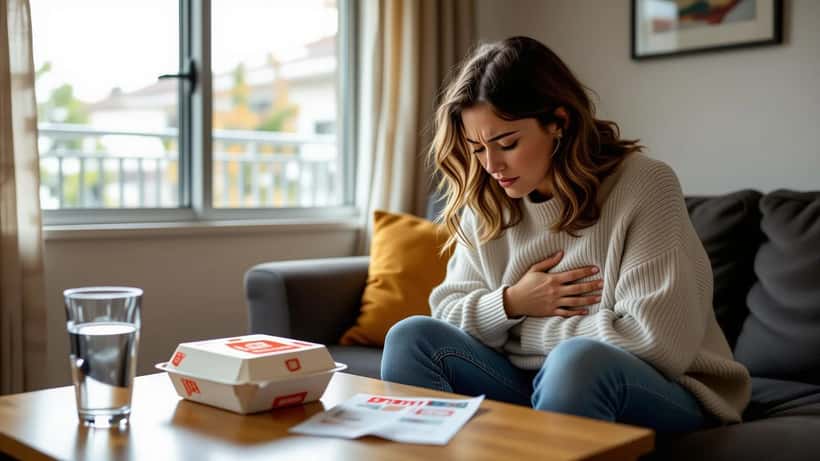 Unwell Australian clutching stomach beside a takeaway container and restaurant receipt after suspected food poisoning