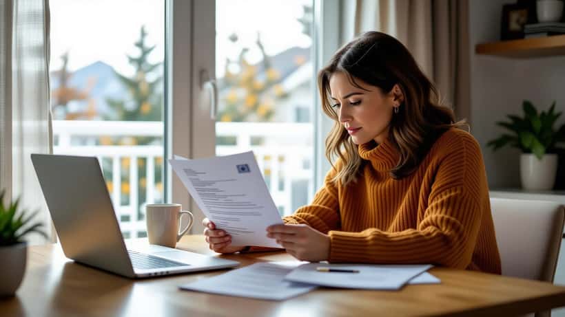 Woman reading IRCC government letter at kitchen table with Canadian citizenship documents and laptop showing immigration email