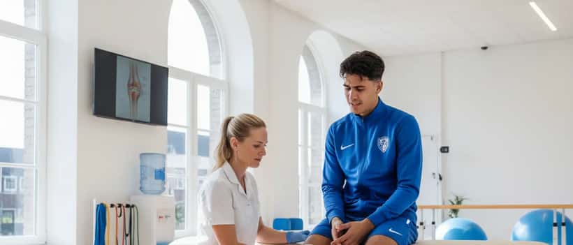 Fysiotherapeut behandelt voetbalblessure in sportskliniek