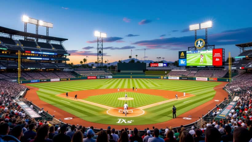 Estadio de béisbol con marcador Athletics vs Angels 2026 y aficionados hispanos