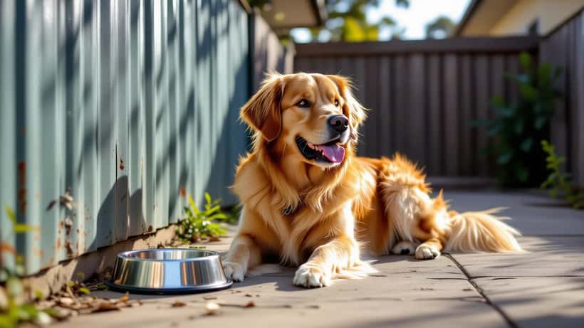 Golden retriever panting in shade of Australian backyard fence during spring heatwave 2026
