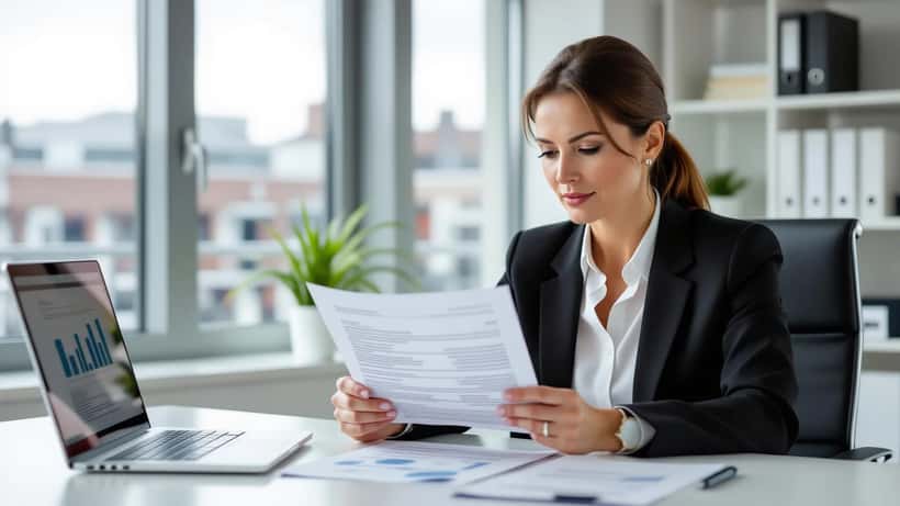 Vrouwelijke professional bestudeert arbeidscontract op kantoor in Amsterdam