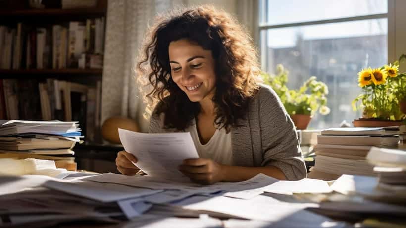 Une femme remplit sa déclaration de revenus canadienne en ligne, entourée de formulaires de l'ARC et de reçus fiscaux