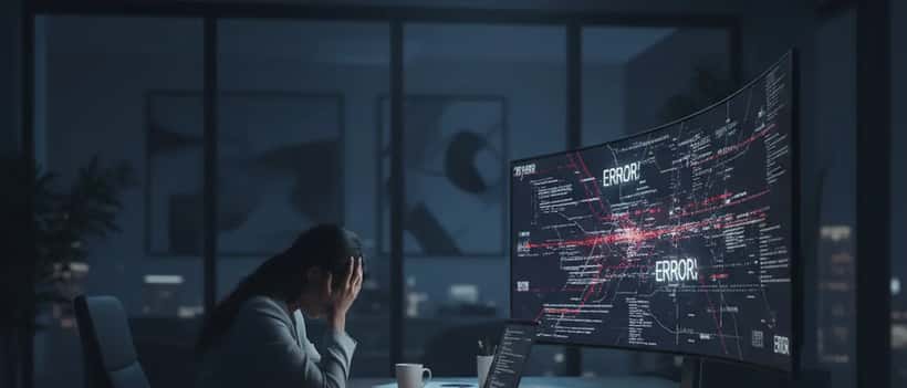 Kvinde ved computer med bekymret udtryk foran skærm med digitalt fragmenteret indhold