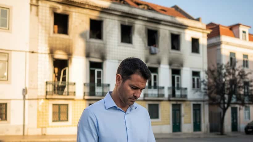 Homem português a analisar documentos junto a prédio danificado por incêndio em Lisboa