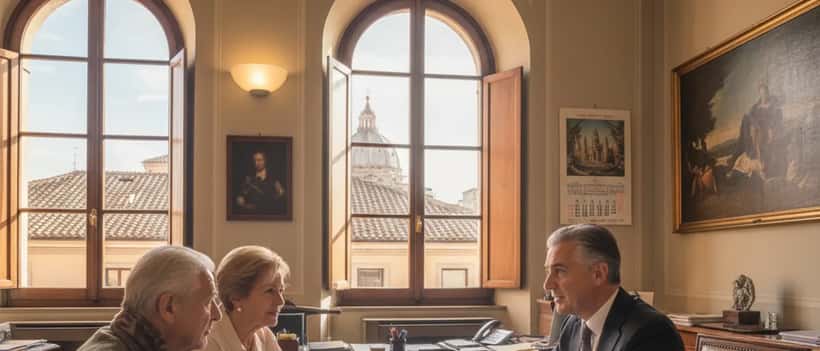 Notaio italiano discute pianificazione successoria con una coppia anziana a Roma nel 2026