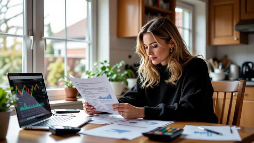 Woman reviewing ISA paperwork and a stock index chart at a kitchen table
