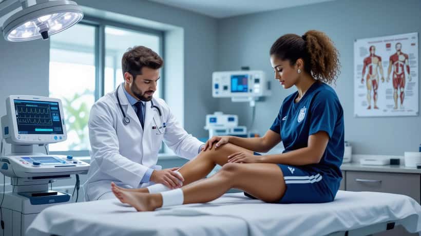 Médico esportivo examinando tornozelo de atleta em consultório clínico