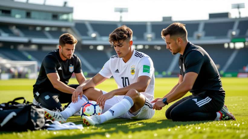 Jogador de futebol argentino com lesão no joelho sendo atendido por equipe médica durante treino da Copa do Mundo 2026