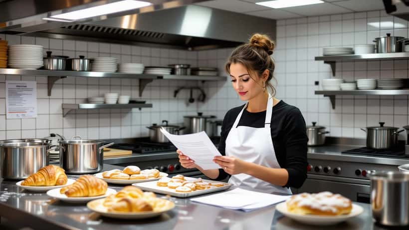 Pâtissière artisanale consultant des documents administratifs dans un laboratoire de pâtisserie à Bordeaux