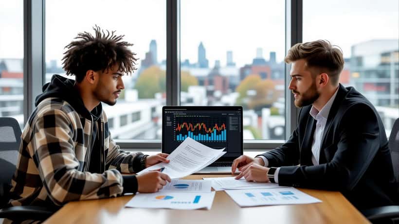 Young footballer reviewing transfer documents with wealth adviser in London office