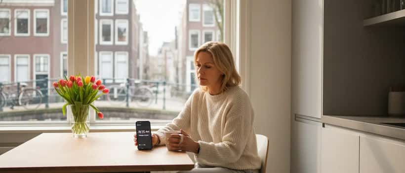 Nederlandse vrouw kijkt vermoeid op haar telefoon met de nieuwe tijd na de zomertijdwissel