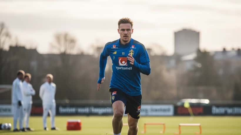 Ung svensk fotbollsspelare sprintar på gräsplan i Göteborg tidig vår, idrottsmedicinsk personal i bakgrunden