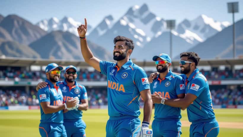 Indian fast bowler celebrating ODI debut with teammates at Dharamsala cricket stadium