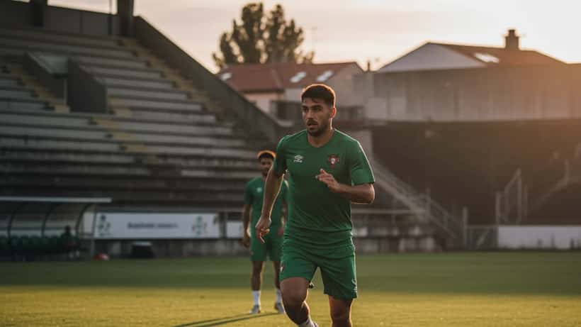 Jogador de futebol português em treino intensivo no Porto ao final da tarde