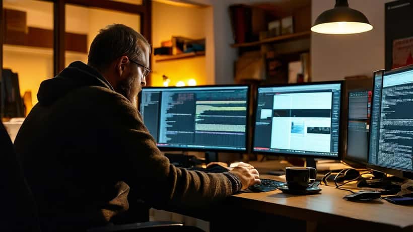 IT-sérfræðingur skoðar netglæpaviðvörun á tölvuskjá í skrifstofu