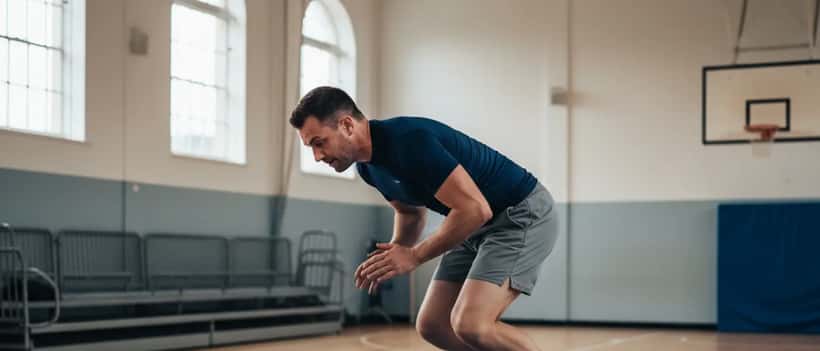 Man performing wrestling-style exercise on crash mat at gym