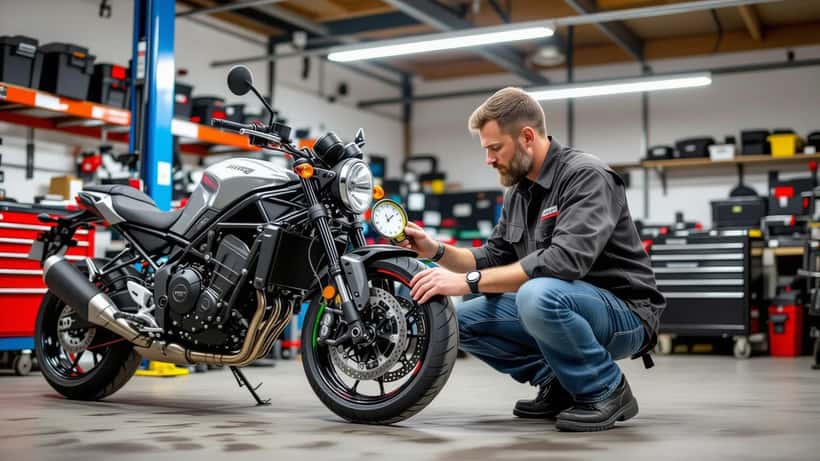 Motorradmechaniker prüft Bremsscheibe und Reifen eines Motorrads in einer österreichischen Werkstatt