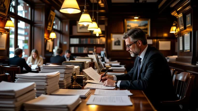 Anwalt prüft Insolvenzunterlagen in einem traditionellen Wiener Beisl, Sanierungsverfahren-Dokumente auf dem Tresen