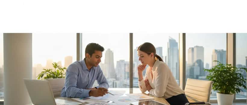 Financial advisor reviewing investment portfolio with client in professional American office, charts on desk