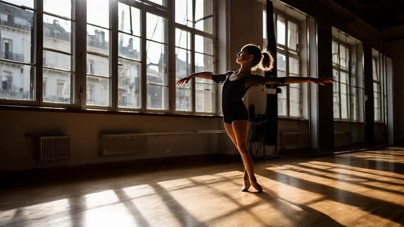 Giovane ballerina italiana che si allena in sala danza con insegnante privato, specchi e pavimento in legno