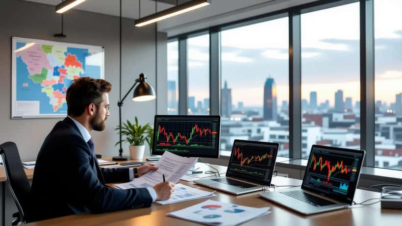 Finanzberater analysiert Portfolio mit Osteuropa-Karte im Hintergrund, Warschau 2026