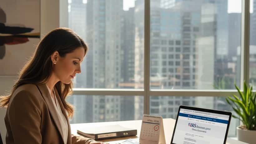 Financial advisor reviewing tax documents at a Chicago office before the April 15, 2026 IRS deadline