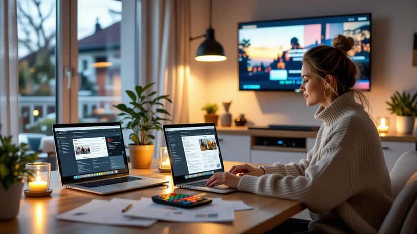 Kvinna granskar streamingfakturor på laptop i modernt svenskt hem med TV-skärm i bakgrunden