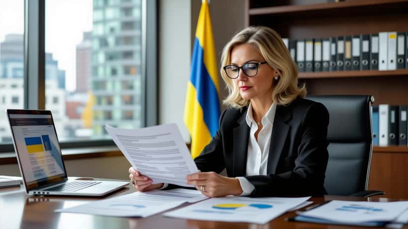 Canadian corporate lawyer reviewing Russia sanctions compliance documents in a Toronto office