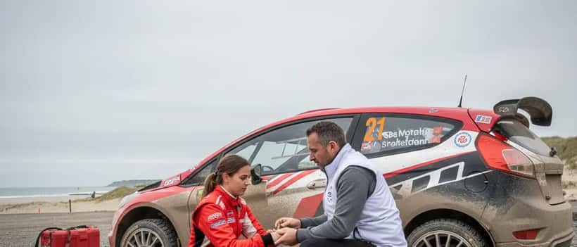 Médecin du sport examine le poignet d'un pilote de rallye dans le paddock du Rallye du Touquet