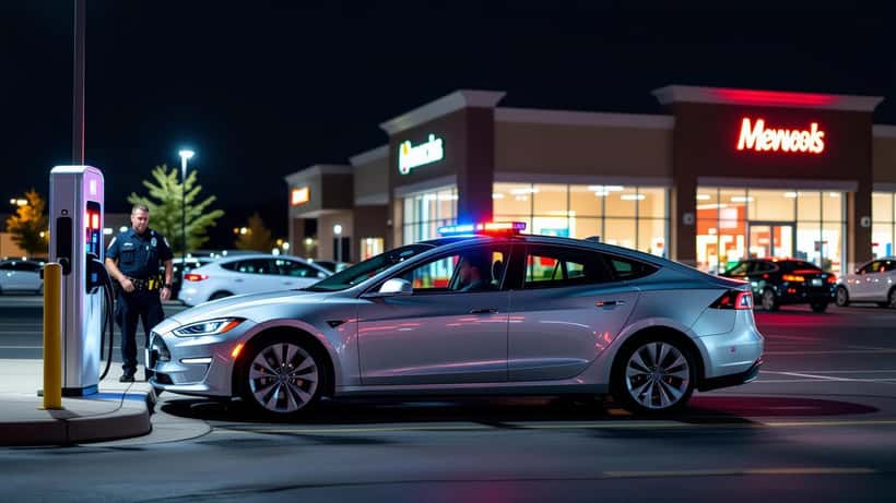 Police approaching a parked car at night in a shopping center parking lot, representing a public intoxication arrest
