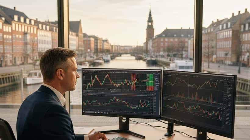 Dansk mand i suit der gennemgår aktiegrafer på computerskærm i København