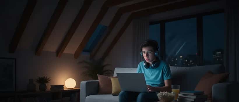 Adolescente português a ver uma série no laptop de noite, luz do ecrã ilumina o rosto