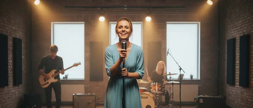 Kvinna sjunger vid mikrofon i repetitionsrum med varmt scenljus