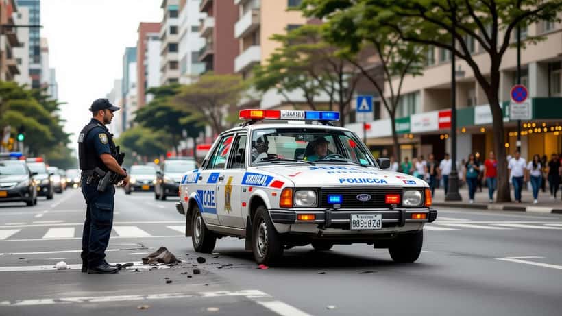 Investigador da Polícia Civil examinando veículo carbonizado em estrada rural no interior de São Paulo
