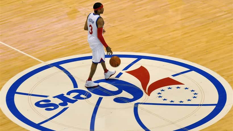Allen Iverson of the Philadelphia 76ers on the basketball court