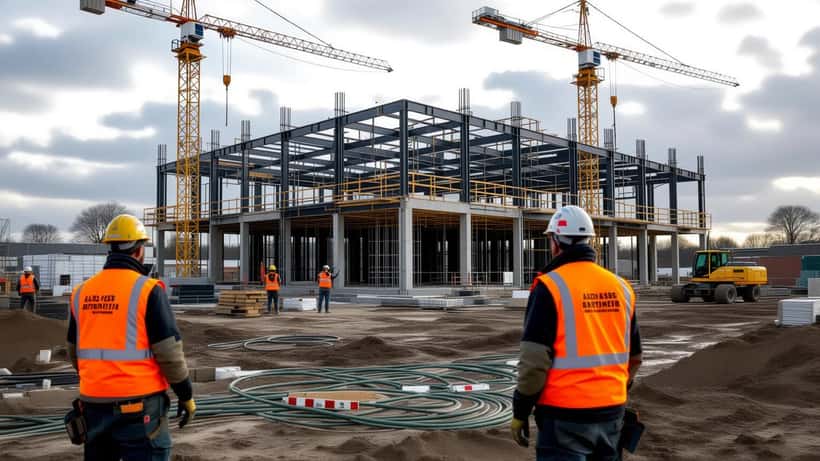 Engineers on a building site in Essex beside an unfinished data centre frame