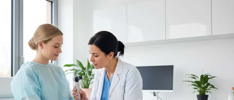 Eine junge Frau lässt ihre Haut von einer Dermatologin in einer modernen Praxis untersuchen
